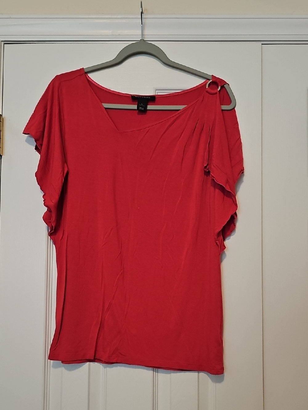 White House Black Market Red Short-Sleeve Ruffled Shoulder Top